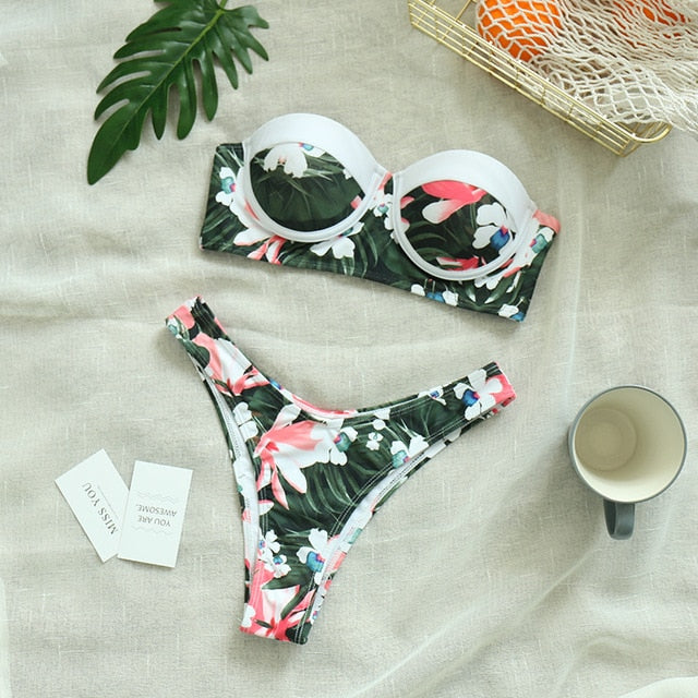 Sexy Low Waist Bikini Set Mujer Push Up Bandage Bikini Swimwear Women Floral Two Pieces Swimsuit Strappy biquini traje de baño