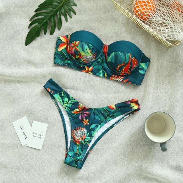 Sexy Low Waist Bikini Set Mujer Push Up Bandage Bikini Swimwear Women Floral Two Pieces Swimsuit Strappy biquini traje de baño