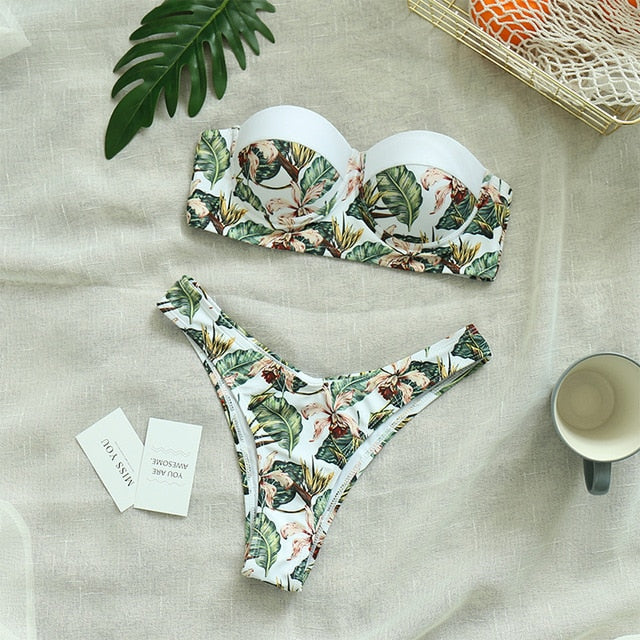 Sexy Low Waist Bikini Set Mujer Push Up Bandage Bikini Swimwear Women Floral Two Pieces Swimsuit Strappy biquini traje de baño