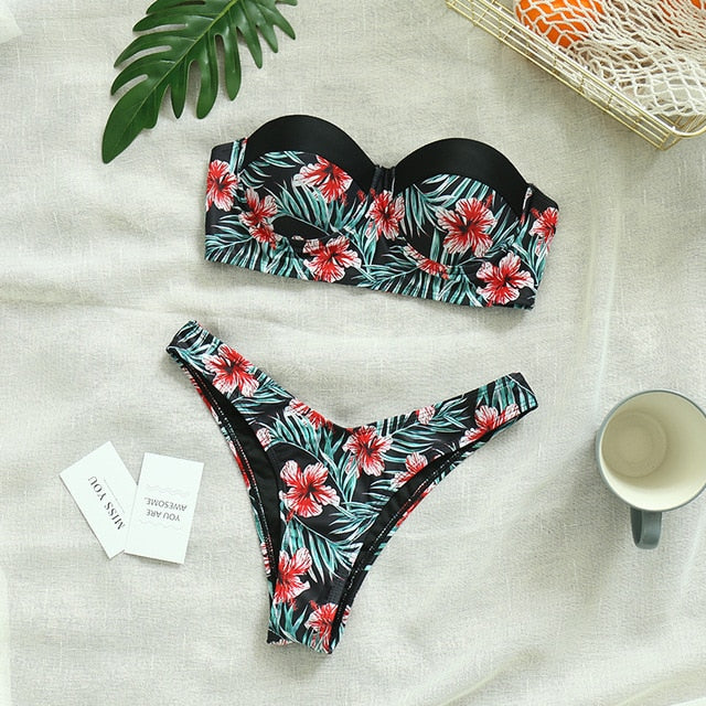 Sexy Low Waist Bikini Set Mujer Push Up Bandage Bikini Swimwear Women Floral Two Pieces Swimsuit Strappy biquini traje de baño