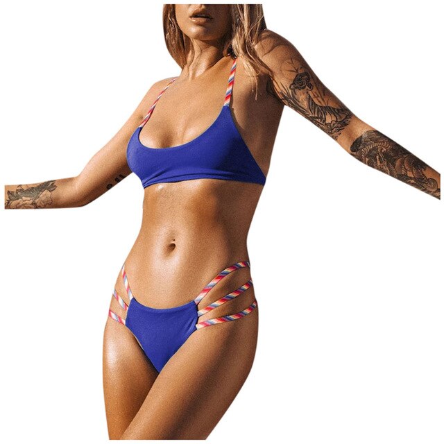 Women's Sexy Bikini Suit New Rainbow Coloured Bandeau Bandage Split Swimsuit Summer Fashion Casual Beach Tankini Swimwear #R