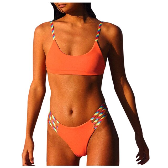 Women's Sexy Bikini Suit New Rainbow Coloured Bandeau Bandage Split Swimsuit Summer Fashion Casual Beach Tankini Swimwear #R