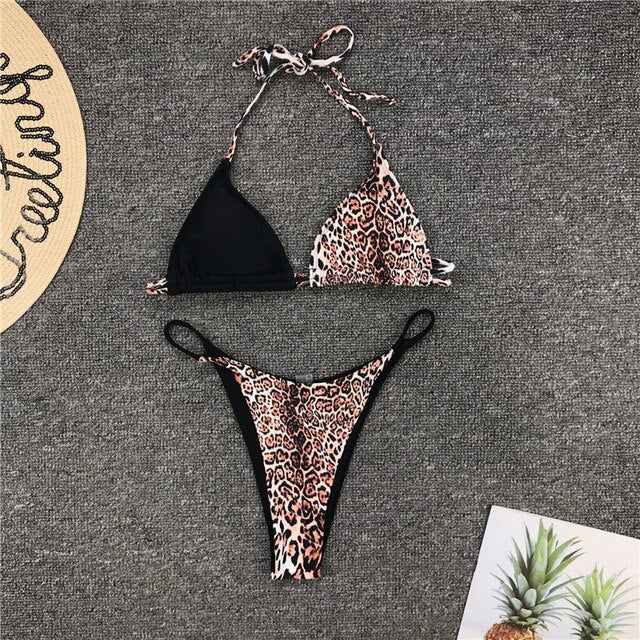 Grid patchwork High cut swimsuit Leopard print bikinis mujer Push up swimwear women Splice bikini set Brazilian bathing suit