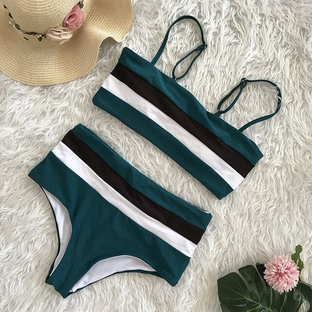 Sexy Bikinis Push Up Bikini 2020 New Arrival Striped Patchwork Swimwear Women Straps High Waist Swimsuit Biquini S-XL