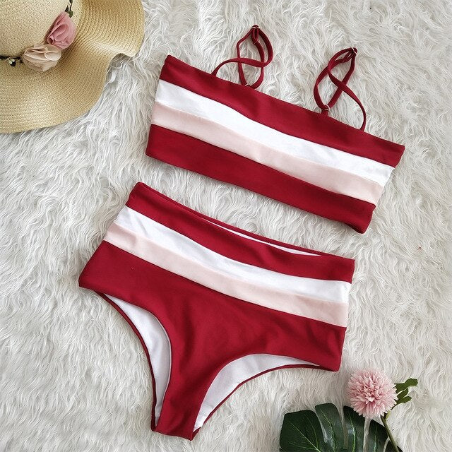 Sexy Bikinis Push Up Bikini 2020 New Arrival Striped Patchwork Swimwear Women Straps High Waist Swimsuit Biquini S-XL