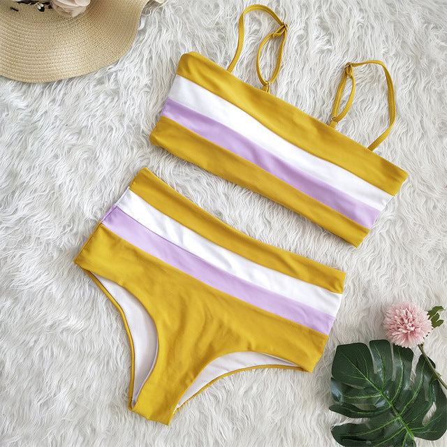 Sexy Bikinis Push Up Bikini 2020 New Arrival Striped Patchwork Swimwear Women Straps High Waist Swimsuit Biquini S-XL