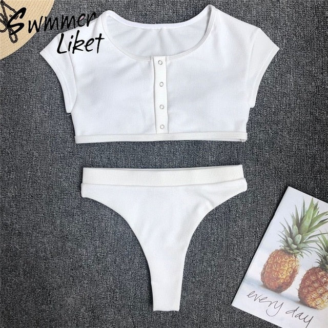 White bikini top short sleeve sports swimwear Summer push up swimsuit sext bathing suit women High waist bikini set 2018 biquini