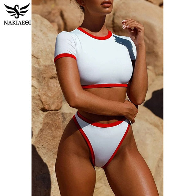 NAKIAEOI Bikini 2019 Swimwear Women White Halter Swimsuit Sports Bathing Suit Sexy Bikinis Set Push Up Swim Wear Swim Suit S~L